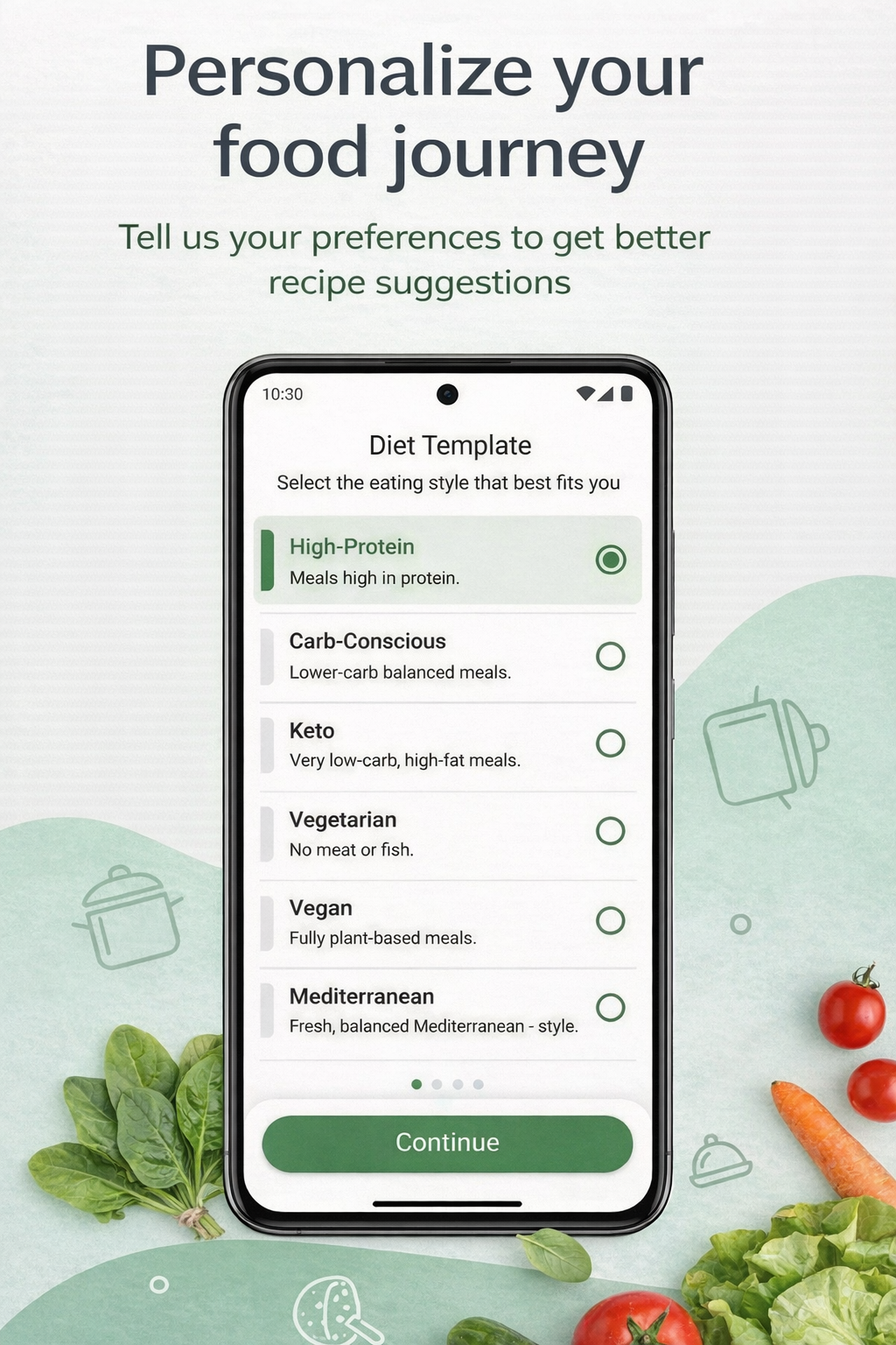 Diet preference selection screen